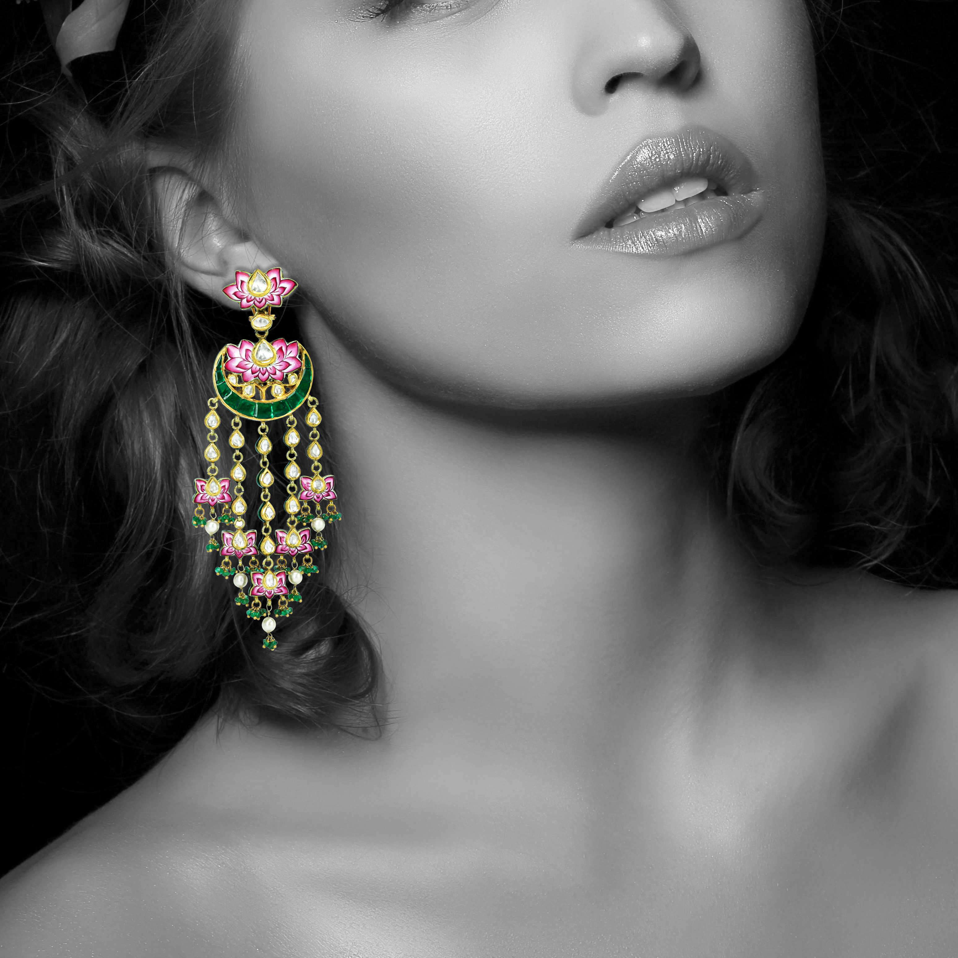 Pink-Green Lotus Enamel Earrings with Polkis